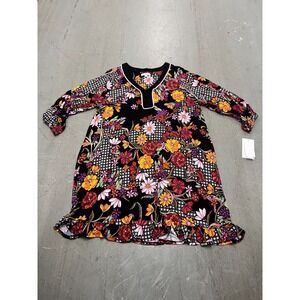 Kensie Mini Dress Womens Large Black Multi Floral Ruffle Hem V-Neck Cottage NWT